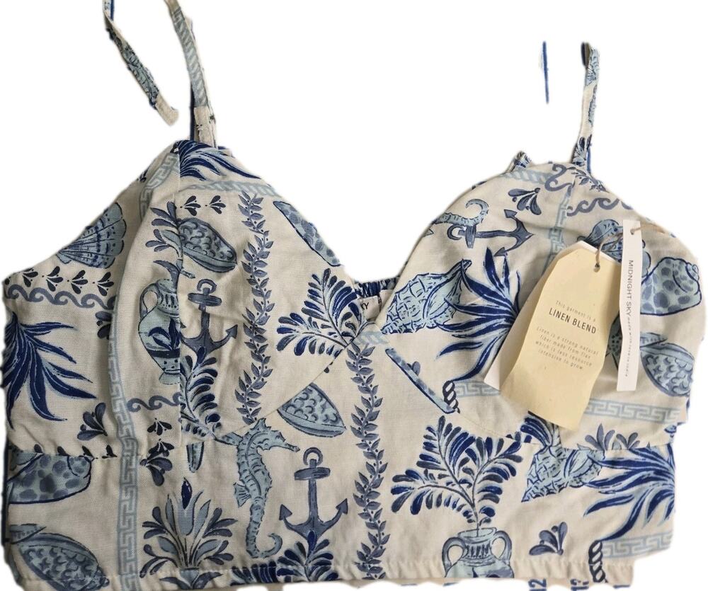 Midnight Sky Cropped Top Linen Blend Tropical Beach Pool size L NWT Resortwear